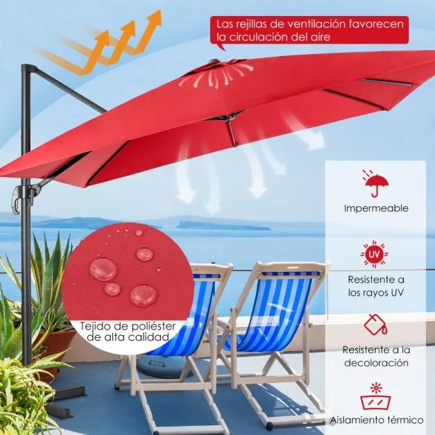 Guarda-sol 300 cm para jardim com manivela, 3 inclinações, rotação de 360°, 8 varas, base cruzada Vermelho