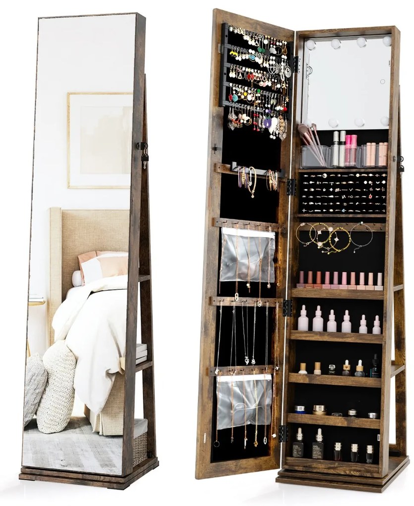 Armário giratório de 360° para joias com espelho de corpo inteiro 43 x 38 x 160 cm e prateleiras Espelho de maquilhagem Castanho