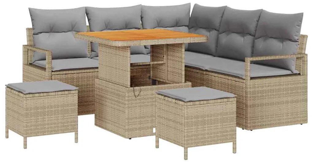 Sofá de Jardim 8 Peças com Almofadas Bege em Rattan e Acácia