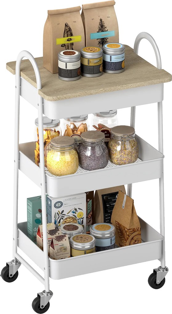 Carrinho de cozinha, com 3 níveis, tabuleiro superior, cestos, pegas, 45 x 32 x 77,5 cm, branco e carvalho
