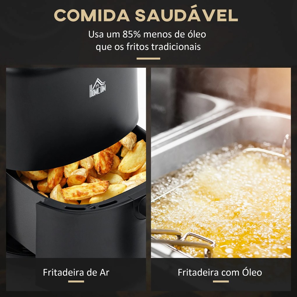 HOMCOM Fritadeira sem Óleo 3L Fritadeira de Ar Quente 1300W com 12 Programas Tela LED Tátil Temporizador Temperatura Ajustável e Cesta Antiaderente 29,5x23,8x30,3cm Preto