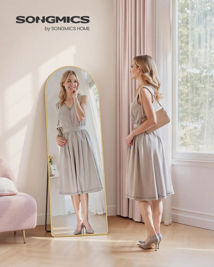 Espelho Pé de corpo inteiro de 160 x 50 cm com moldura arqueada em vidro temperado dourado