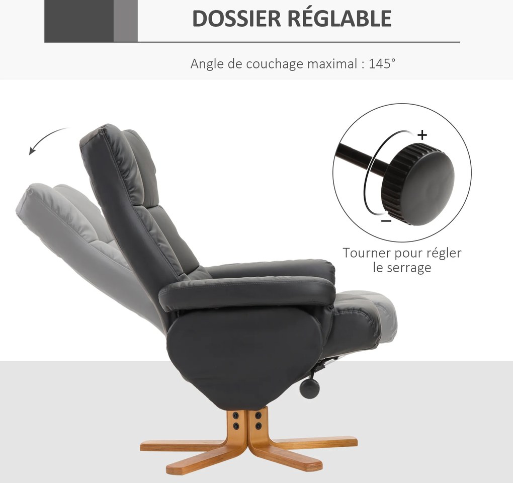Poltrona relax reclinável, poltrona de sala com apoio para os pés, pufe, compartimento de arrumação e revestimento sintético na cor preta