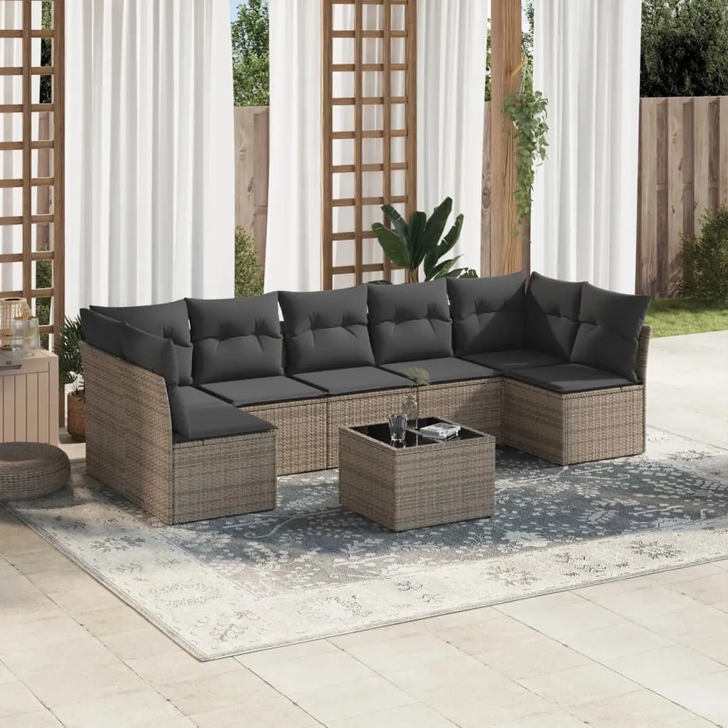 8 pcs conjunto sofás de jardim c/ almofadões vime PE cinzento