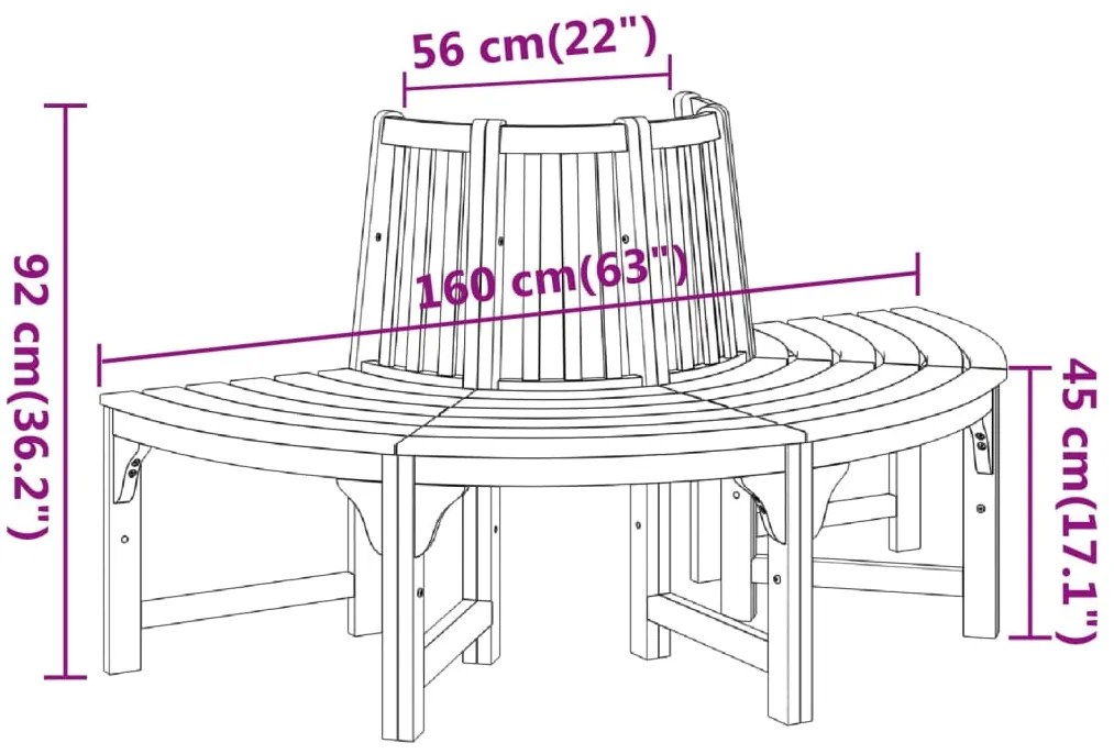 Banco para árvore semicircular Ø160 cm eucalipto maciço
