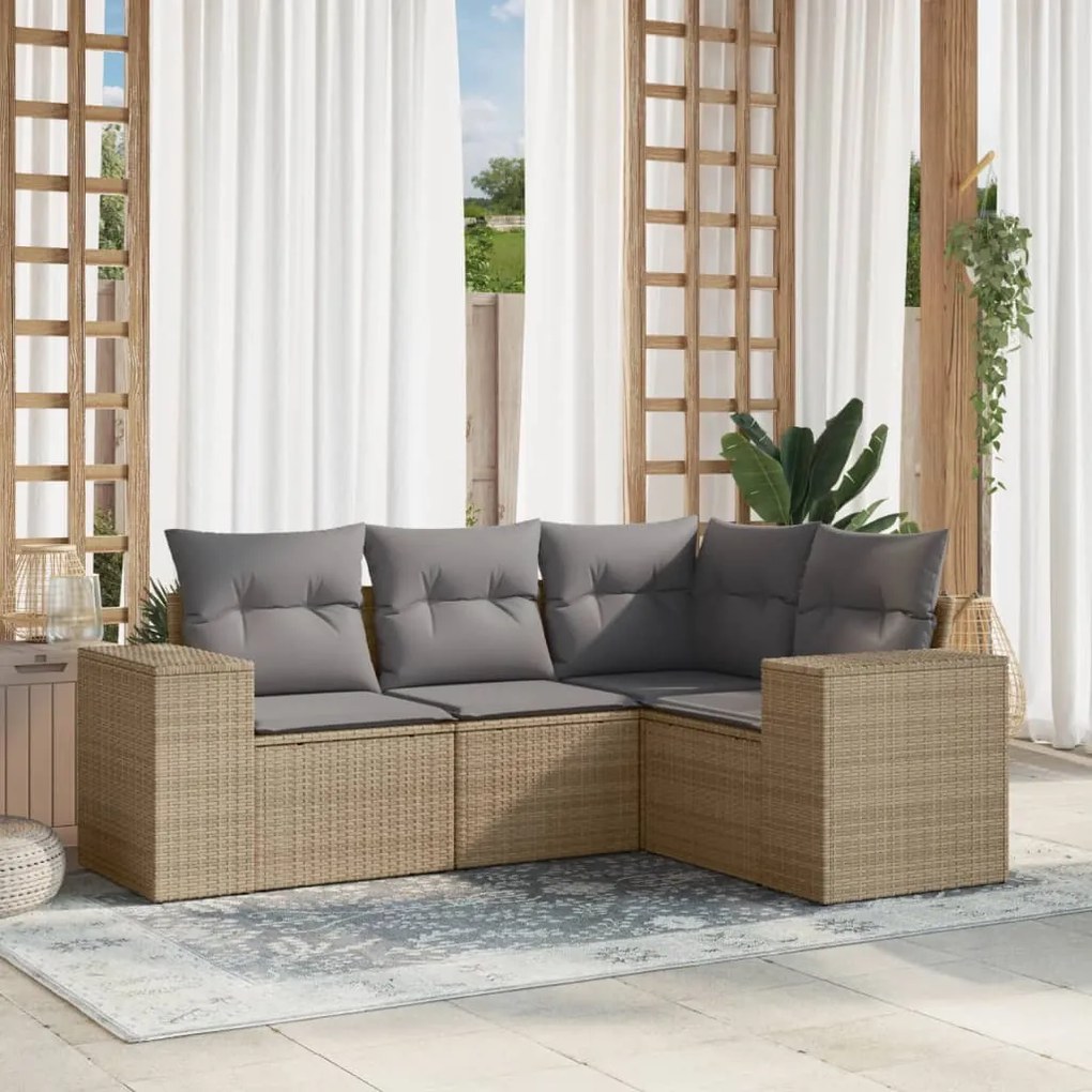 4 pcs conjunto de sofás para jardim c/ almofadões vime PE bege