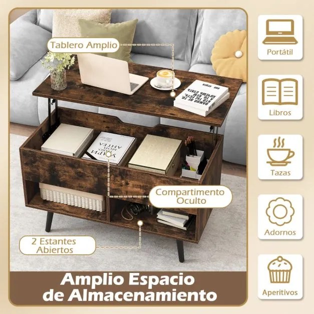 Mesa de centro 80 x 40 x 44,5 cm elevável em madeira com compartimento oculto e 2 prateleiras abertas café