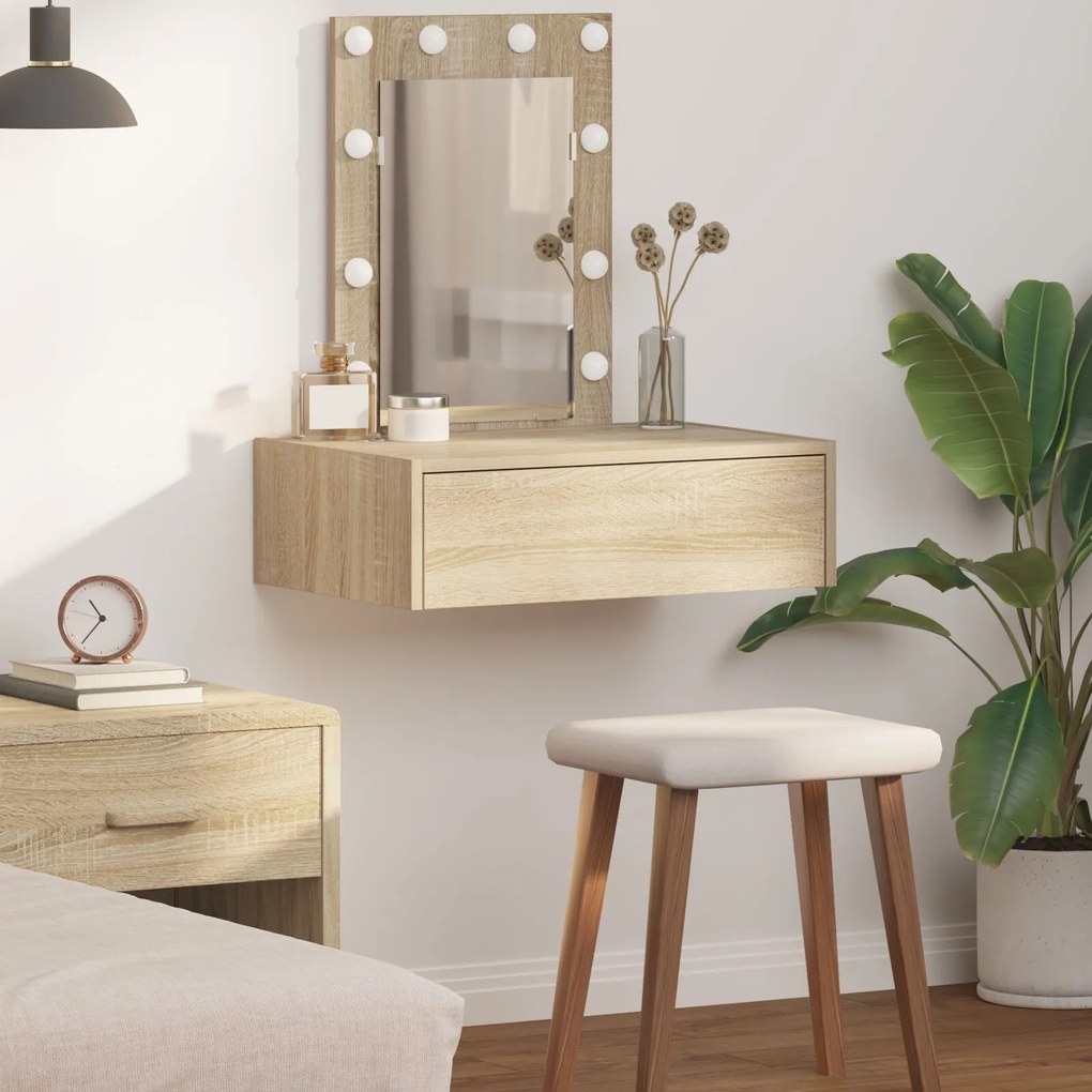 Mesa de Maquilhagem Montada na Parede com Luzes LED Carvalho Sonoma