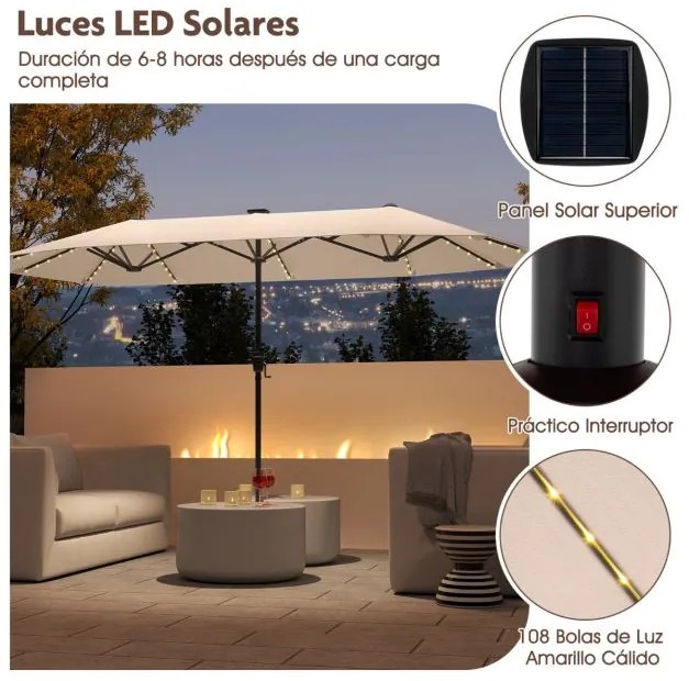 Guarda-sol grande 392 cm com luzes LED solares, manivela, 12 hastes, retangular de duas faces Bege