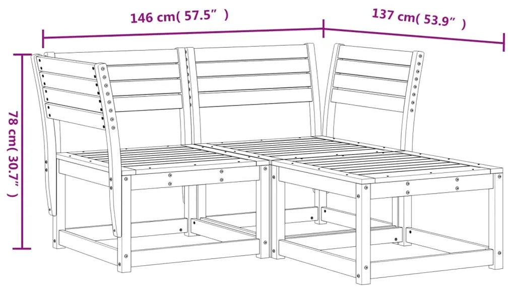 3 pcs conjunto sofás de jardim madeira de pinho maciça