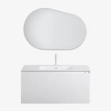 Conjunto De Móvel De Casa De Banho Suspenso Em Madeira Com Lavatório Integrado Macrae Branco & Oval Led E Anti-embaciamento 100x80 Cm Riben & Branco ↑
