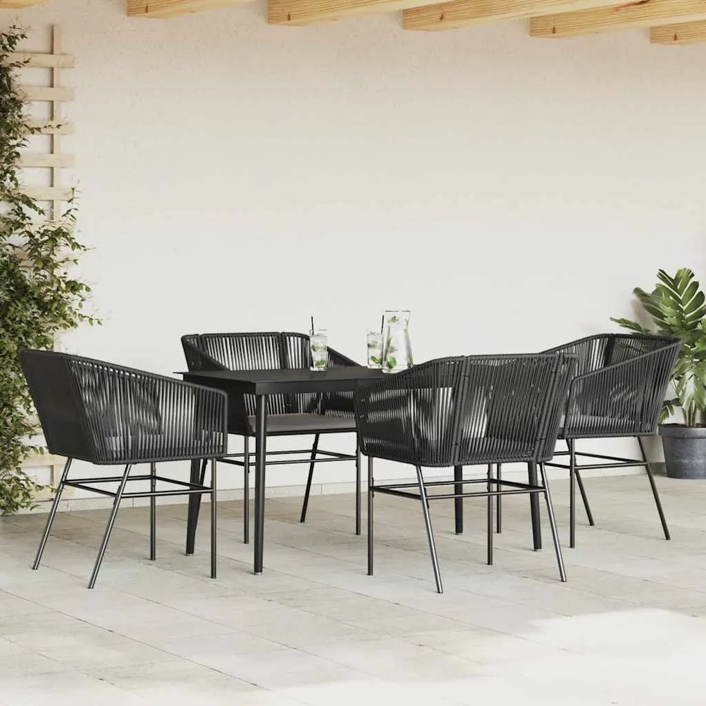 Conjunto de jantar jardim 5 peças almofadas vidro vime PE preto