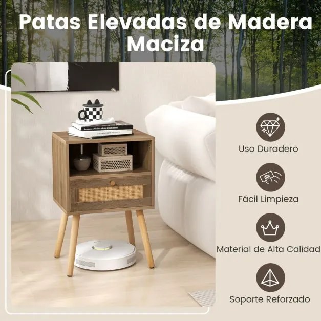 Mesa de cabeceira de rattan com gaveta multifuncional para sala de estar ou quarto 40 x 30 x 60,5 cm Natural e Castanha