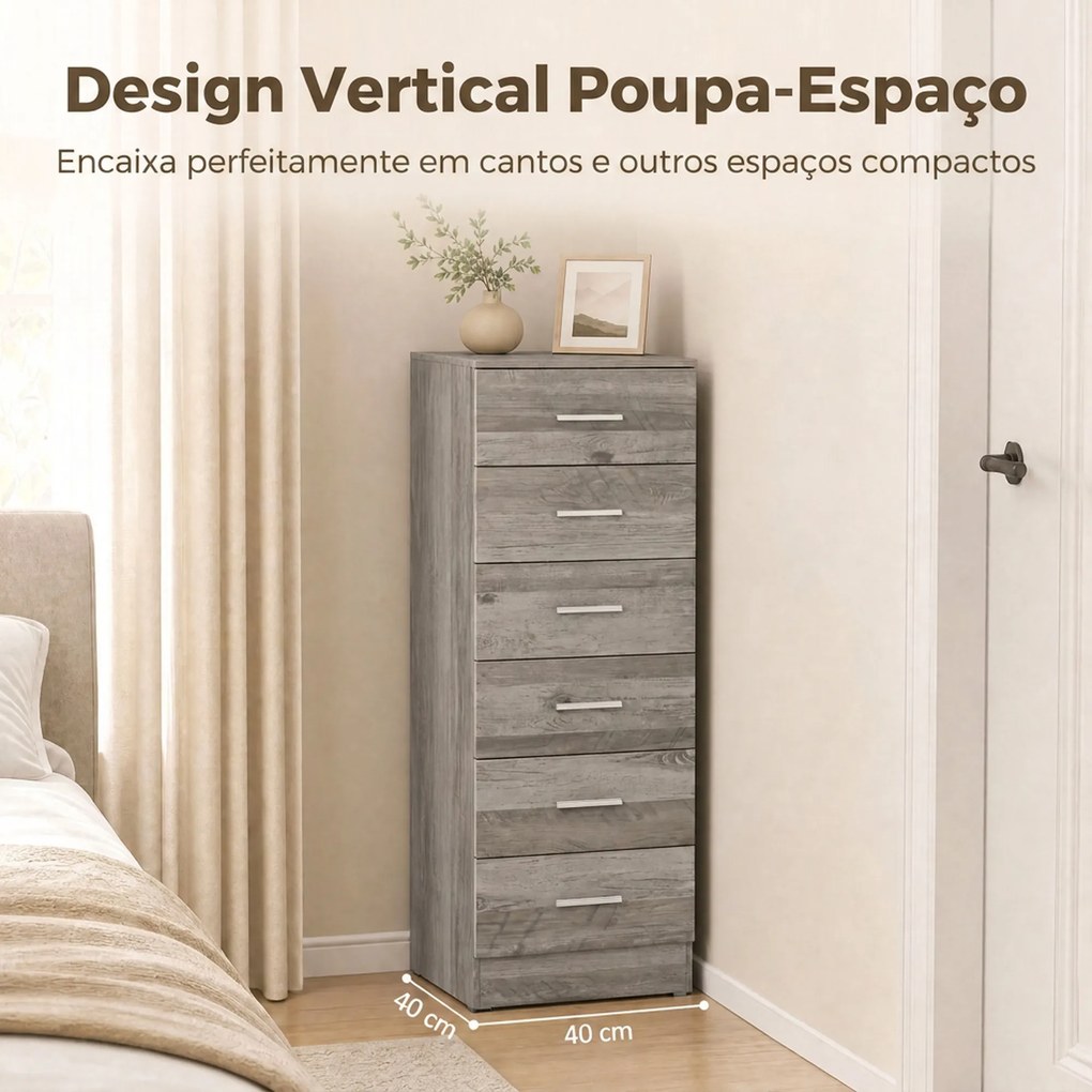 Cómoda Alta com 6 Gavetas para Quarto com Sistema Anti-Tombo 40x40x110 cm Cinzento-claro e Branco