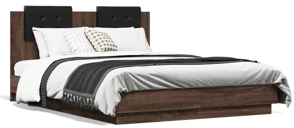 Estrutura cama cabeceira/luzes LED 135x190 cm carvalho castanho