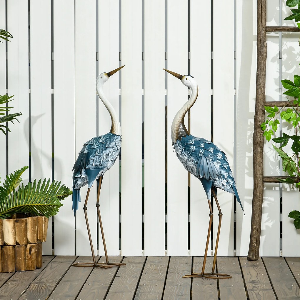 Conjunto de 2 estátuas de jardim: escultura de grou, decoração exterior com tema de aves, em aço, para terraço, varanda, pátio e relvado multicolorida