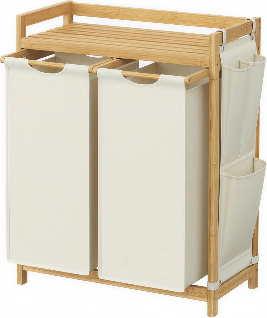 Cesto da roupa suja com 2 compartimentos, bambu 100 L, 63,2 x 33 x 78 cm branco