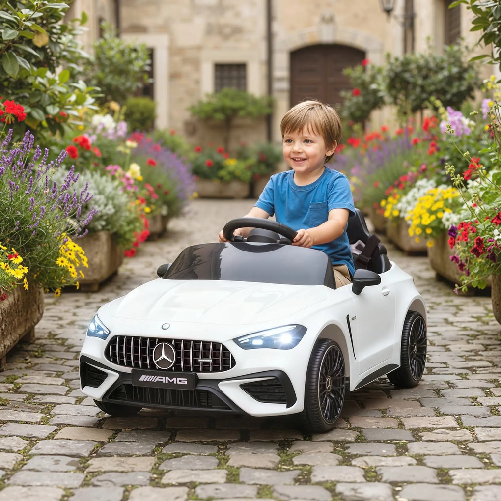 Carro elétrico infantil Mercedes AMG CLE 53, 12 V, 2 motores, crianças 2 a 6 anos comando à distância para os pais de 2,4 GHz, 99 x 55 x 43 cm, branco