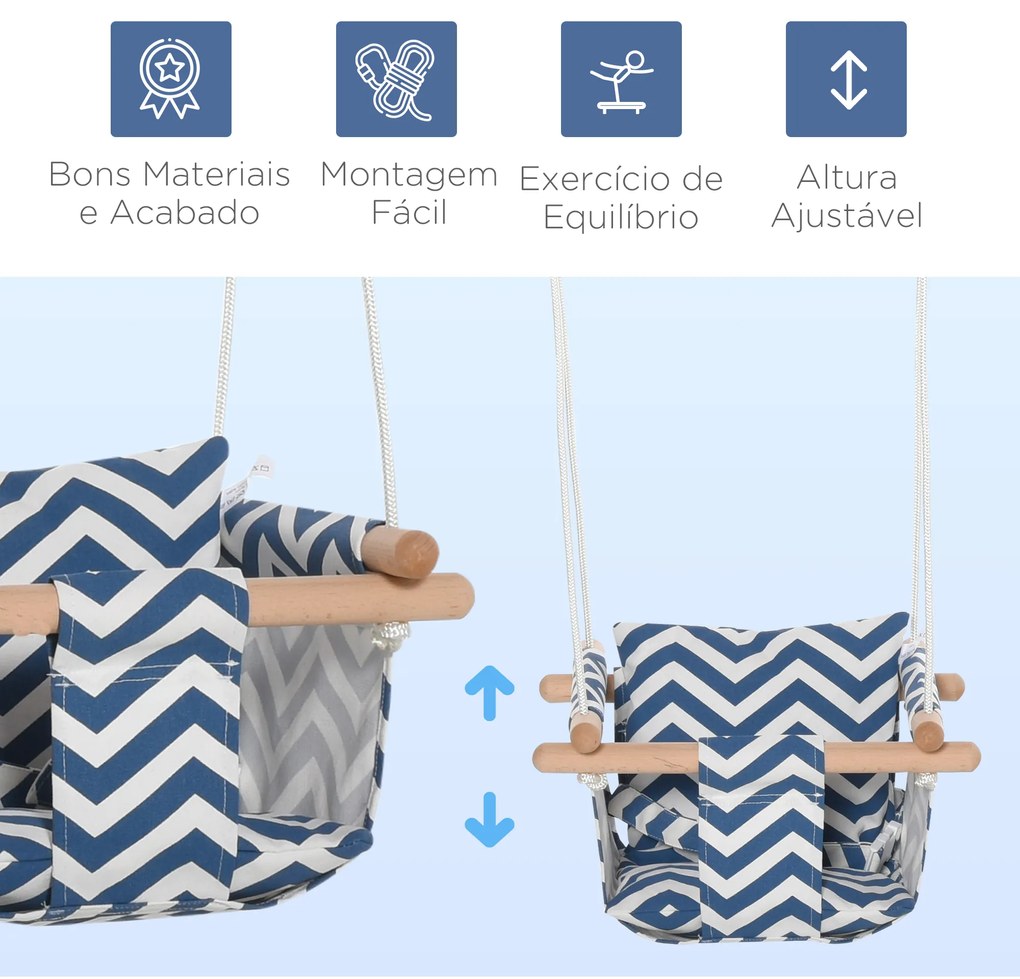 Outsunny Balanço de bebê ajustável em altura com cinto de segurança interno e externo máx. 80 kg Madeira 40x40x180 cm Azul e Branco