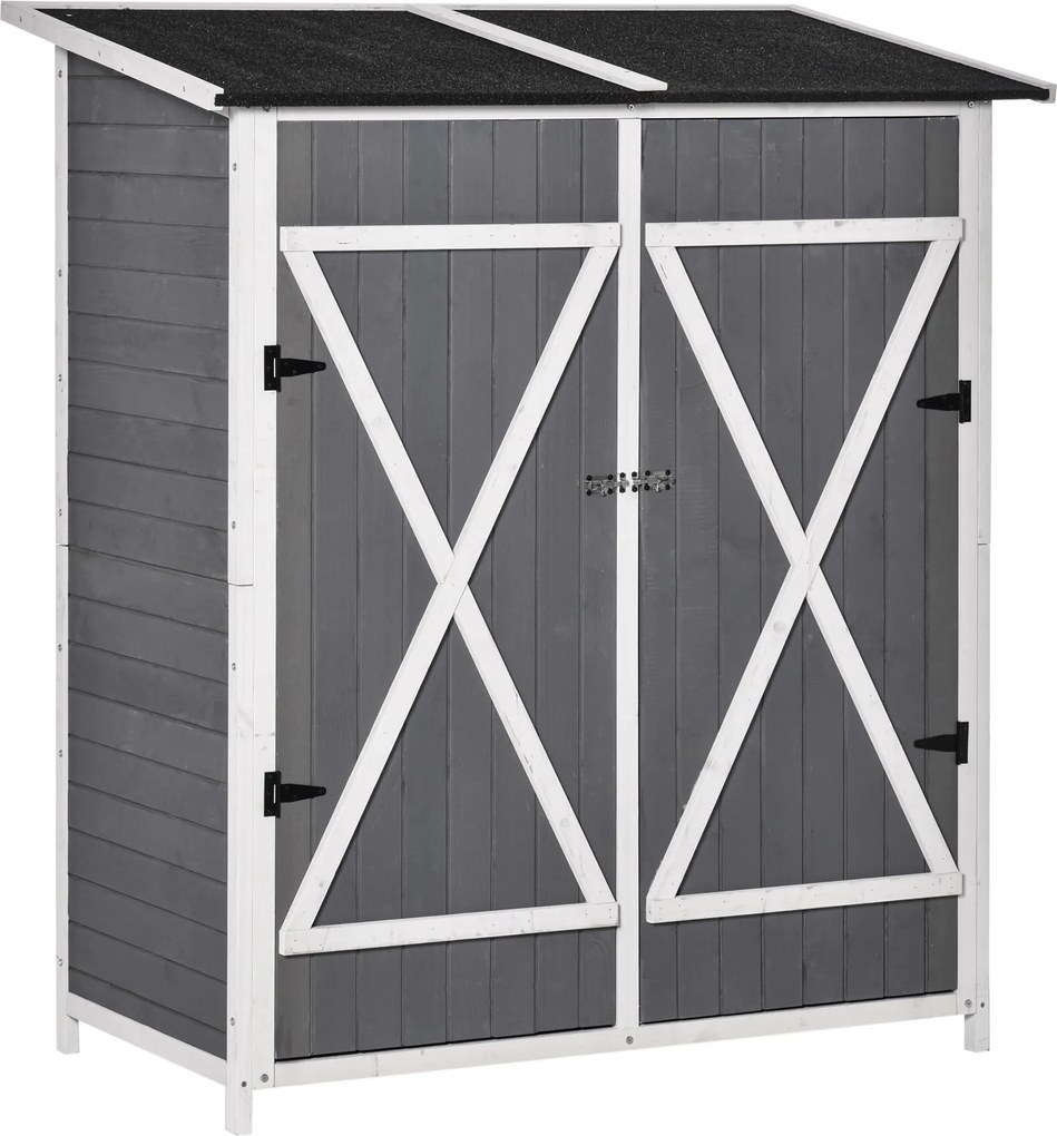 Outsunny Armário de jardim Abrigo de ferramentas com 2 portas Armário com telhado de betume Armário de arrumação para jardim Design antidumping com pregos para o chão Madeira de abeto Cinza+Branco 139 x 75 x 160 cm | Aosom Portugal