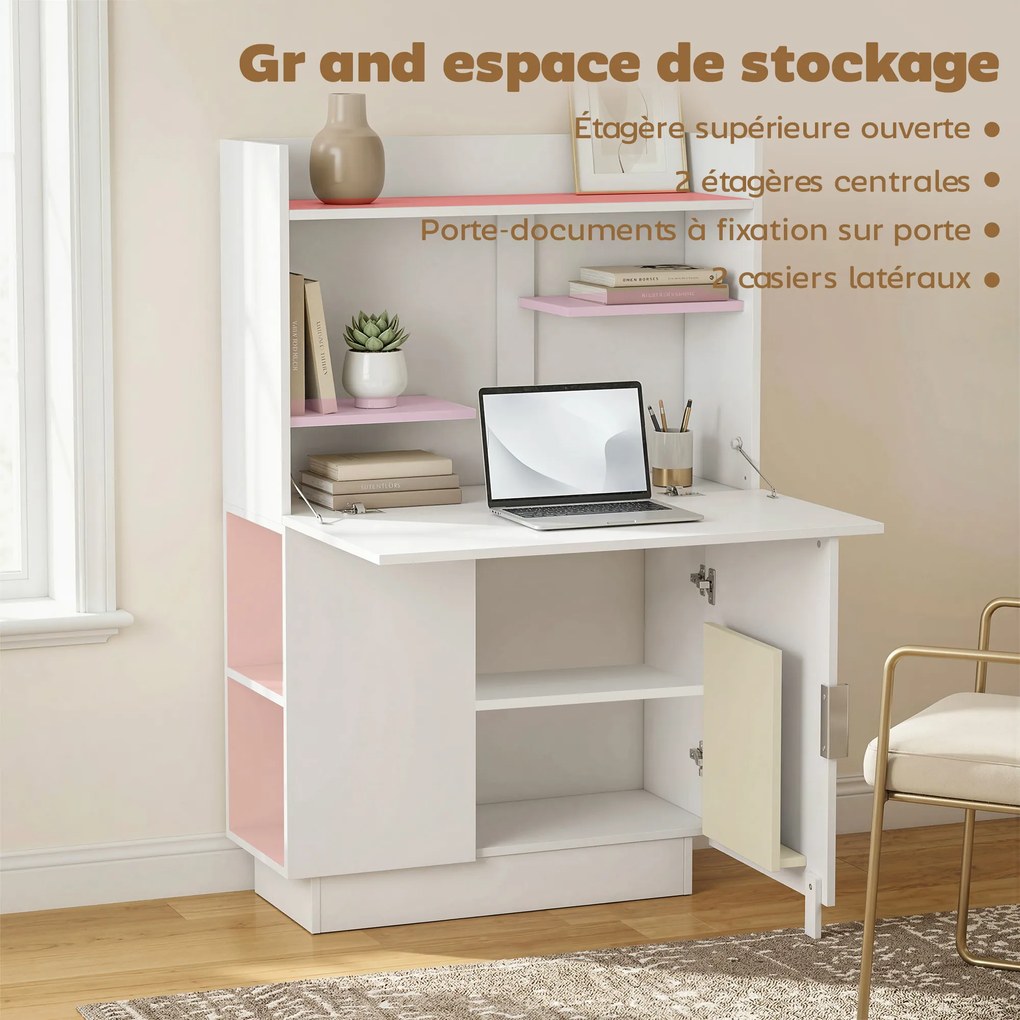 Secretária dobrável para computador 80 x 30 x 128 cm, com tampo rebatível, prateleiras e armário, branca