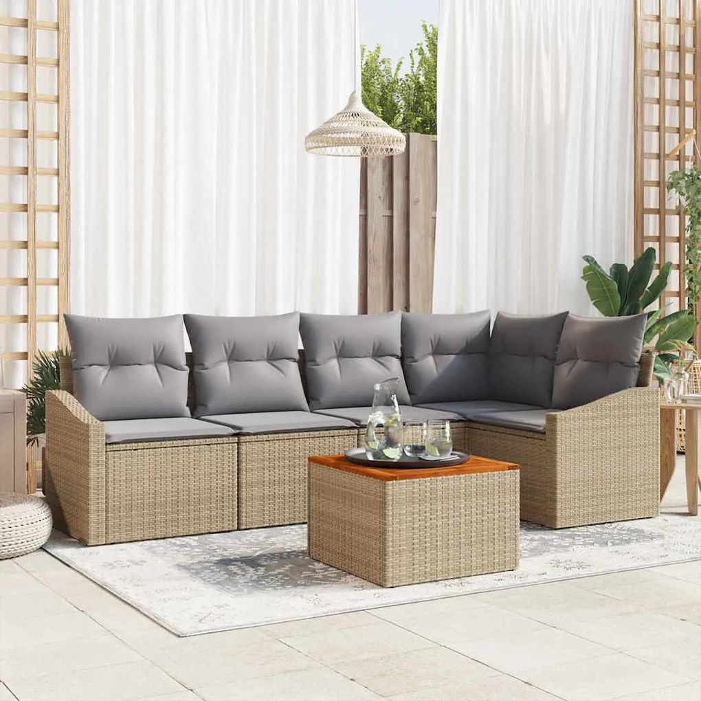 vidaXL Sofá de Jardim 6 Peças com Almofadas Bege em Rattan Sintético e Acácia