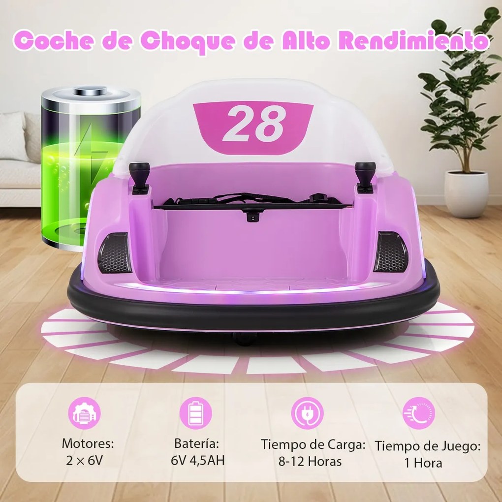 Carrinho de choque para crianças a bateria 6V com luzes LED, conexão sem fio, música e som, rotação de 360°, Rosa