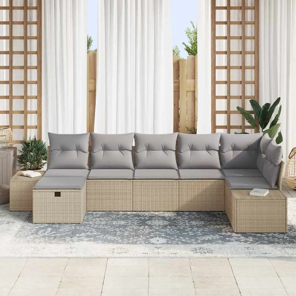 Conjunto de Sofá de Jardim 7 Peças com Almofadas Bege Vime Polipropile