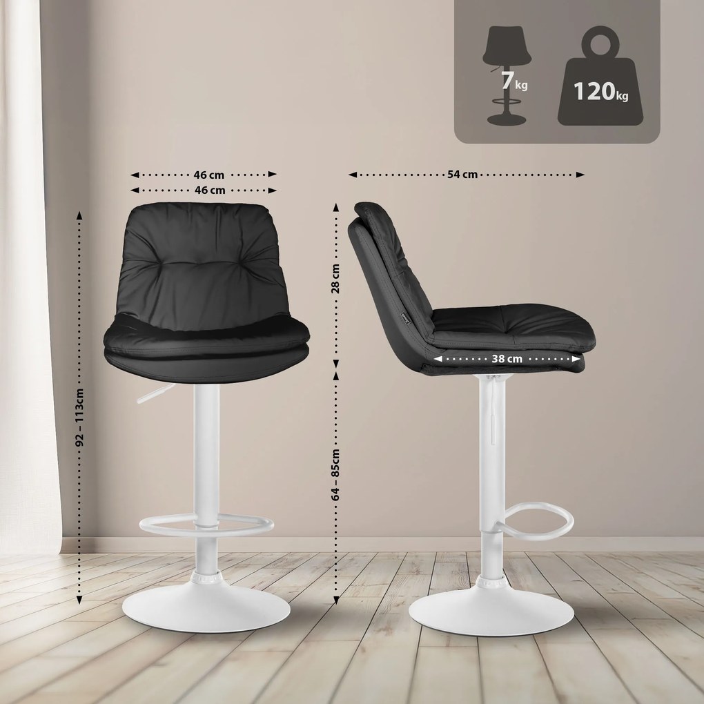 Banco de bar em couro sintético com estrutura branca 92-113 x 46 x 54 cm preto