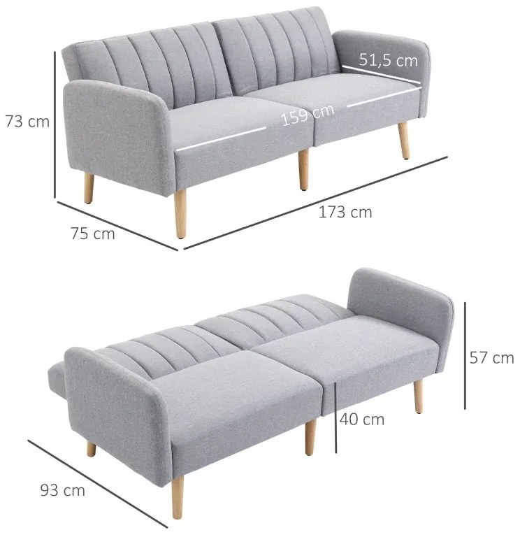 Sofá Cama de 2 Lugares com Encosto Ajustável - Cinzento - Design Escan