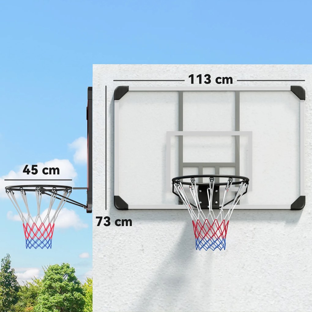 Cesto de Basquetebol de Parede com Aro, Rede e Estrutura em Aço para Exterior, 113x61x73 cm, Branco e Preto