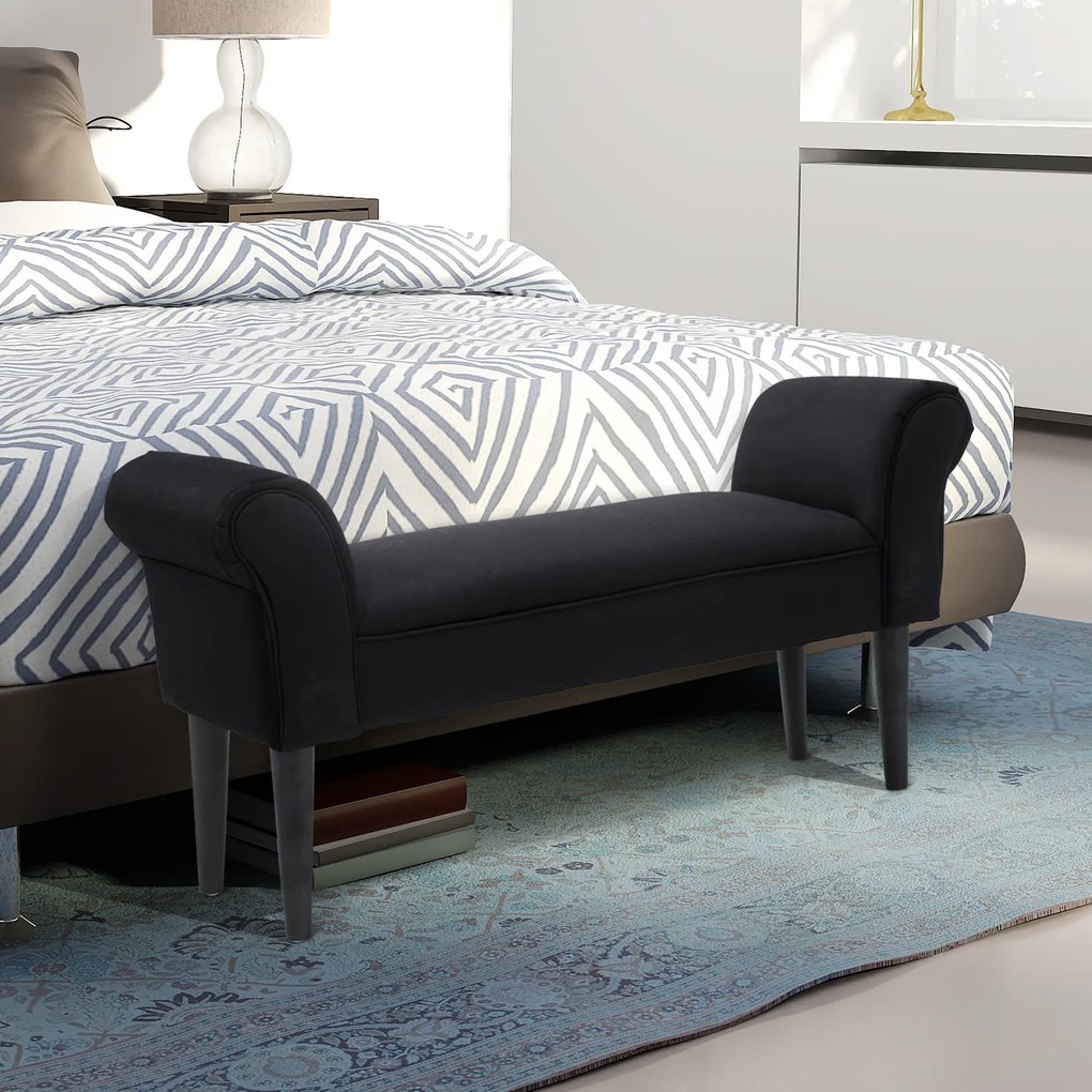 Banco de Pé de Cama Banco com Braços Curvados Estofado e Pés de Madeira Carga Máxima 130kg 102x31x51cm Preto