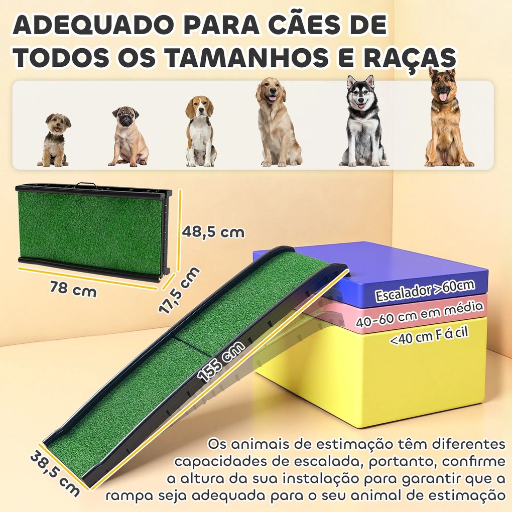 Rampa para Cães com Relva Artificial 155 cm Dobrável com Pega Ângulo Ajustável Verde