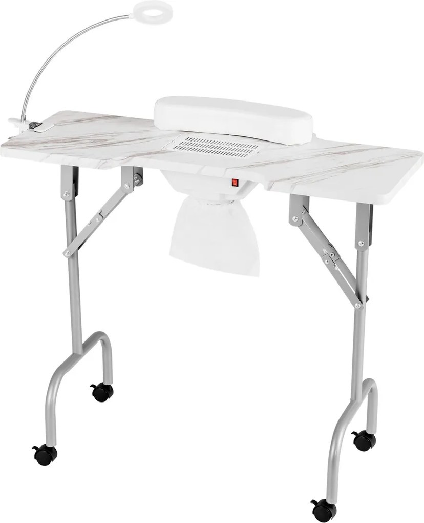 Mesa de manicure dobrável com aspirador de pó elétrico Luz LED 4 rodas com travão 90 x 40 x 77 cm Branca