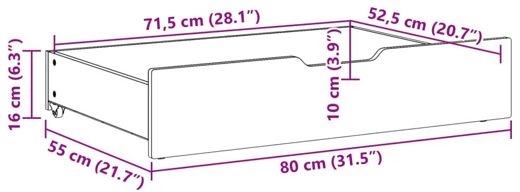 Gavetas para cama com rodas 2 pcs 80x55x16 cm pinho maciço