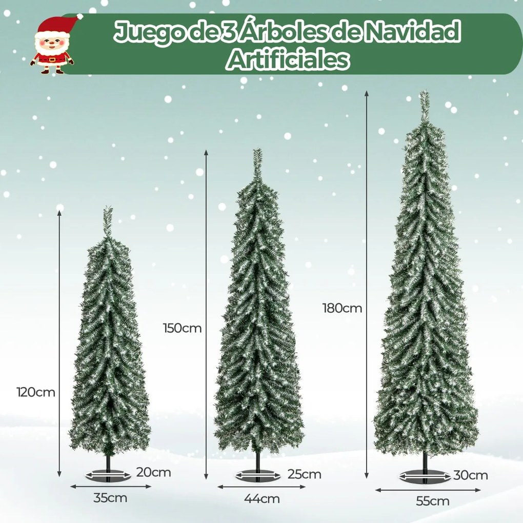 Conjunto de 3 árvores de Natal artificiais em forma de lápis 120/150/180cm com neve realista 100/120/180 luzes LED 216/302/505 pontas de ramos Verdes