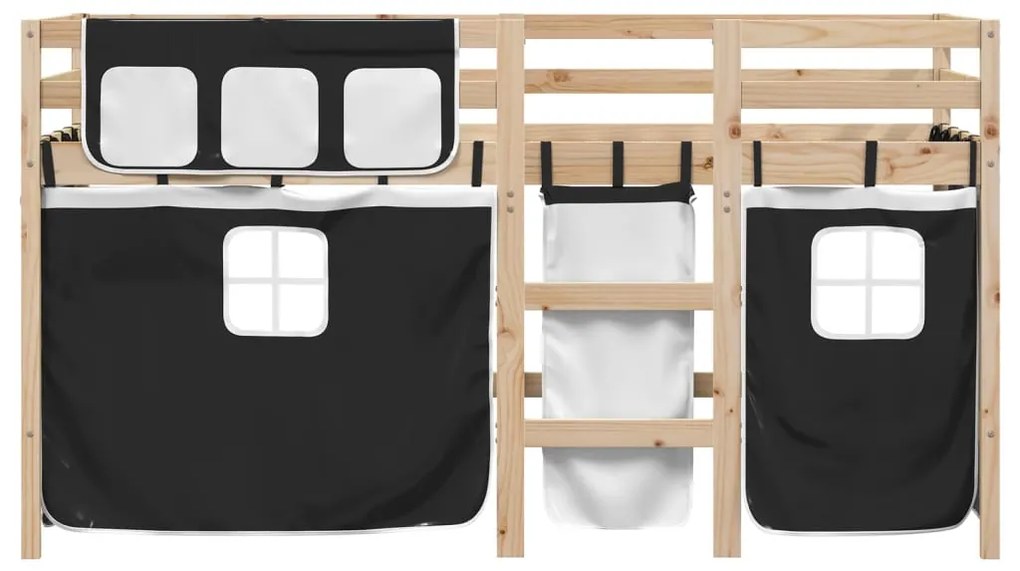 Cama alta criança c/ cortina 90x190cm pinho maciço branco/preto