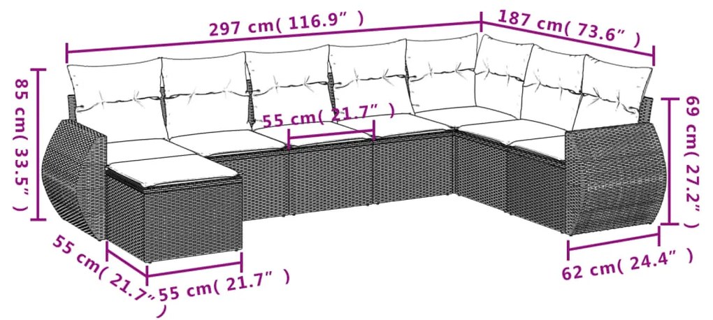 8 pcs conj. sofás jardim c/ almofadões vime PE cinzento-claro