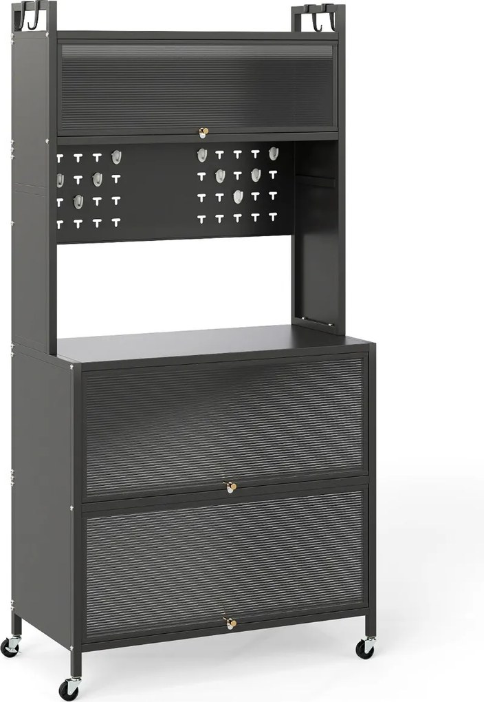 Armário de cozinha 80 x 40 x 160 cm de 5 níveis com suporte para micro-ondas com portas Armário para despensa com rodas Cinzento