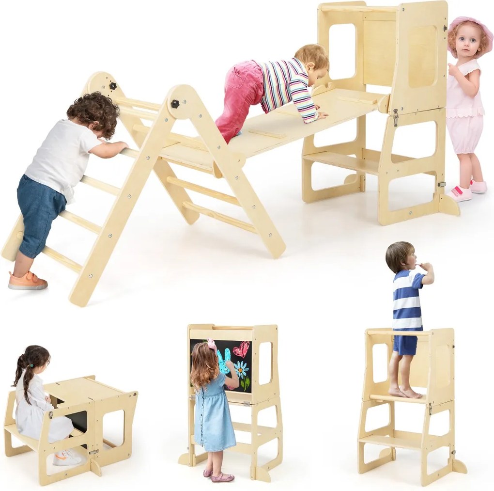 Conjunto 7 em 1 Escalador dobrável para crianças de 3 a 14 anos com rampa reversível, banco conversível e quadro divertido natural
