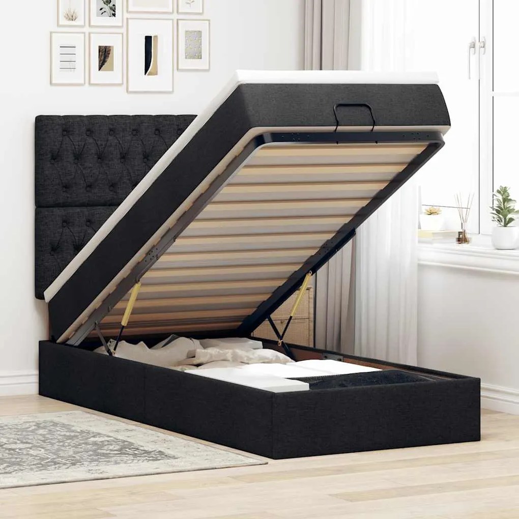 vidaXL Cama otomana com colchão 90x200 cm tecido preto