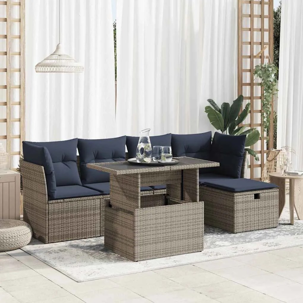 6 pcs conjunto sofás jardim com almofadões PE/acácia cinzento