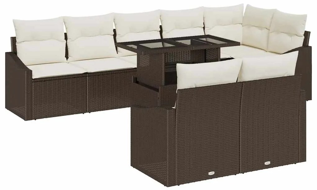 Conjunto de Sofá de Jardim de 9 Peças com Almofadas Castanho em Rattan