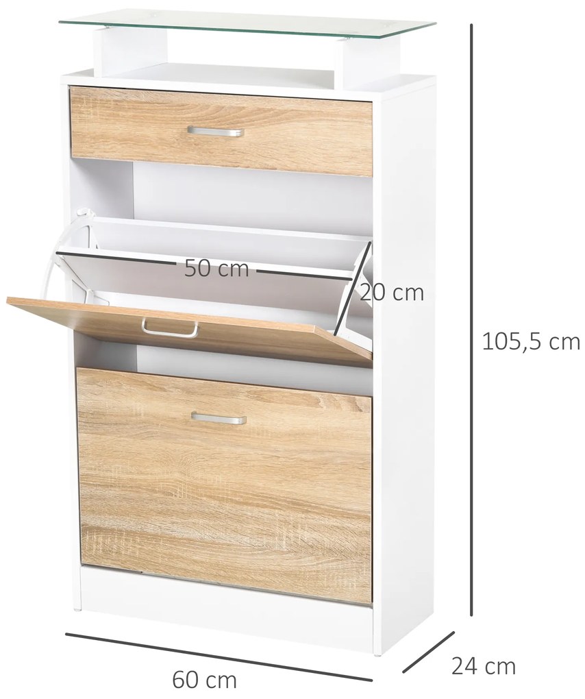 Sapateira de 2 Portas Sapateira Estreito para 12 Pares de Sapatos com Gaveta e Bancada de Vidro  60x24x105,5cm Branco