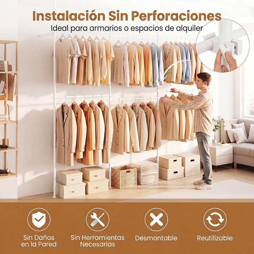 Cabideiro de Roupa Modular 210-369 x 110-315 cm, Estrutura Extensível, Branco