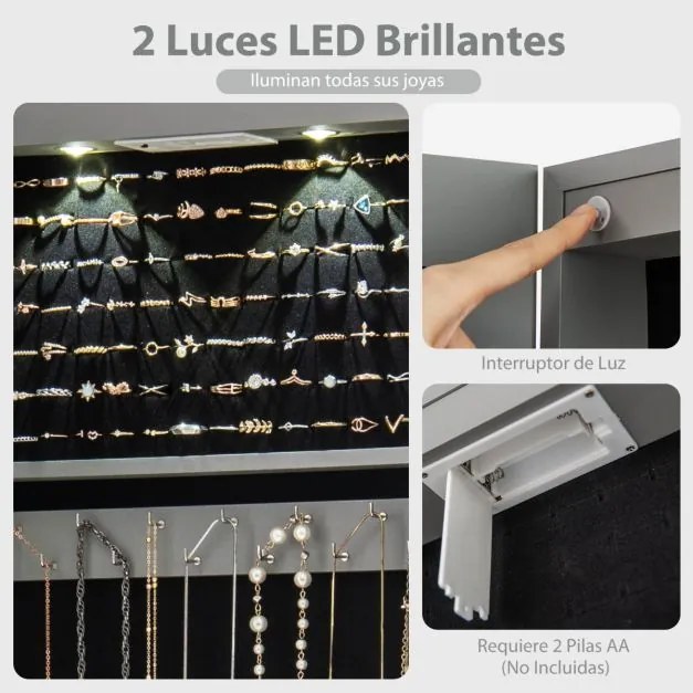 Armário de joias em madeira com espelho de parede e LED interno Organizador de porta ou parede com chave 35,5 x 10 x 120 cm Cinza claro