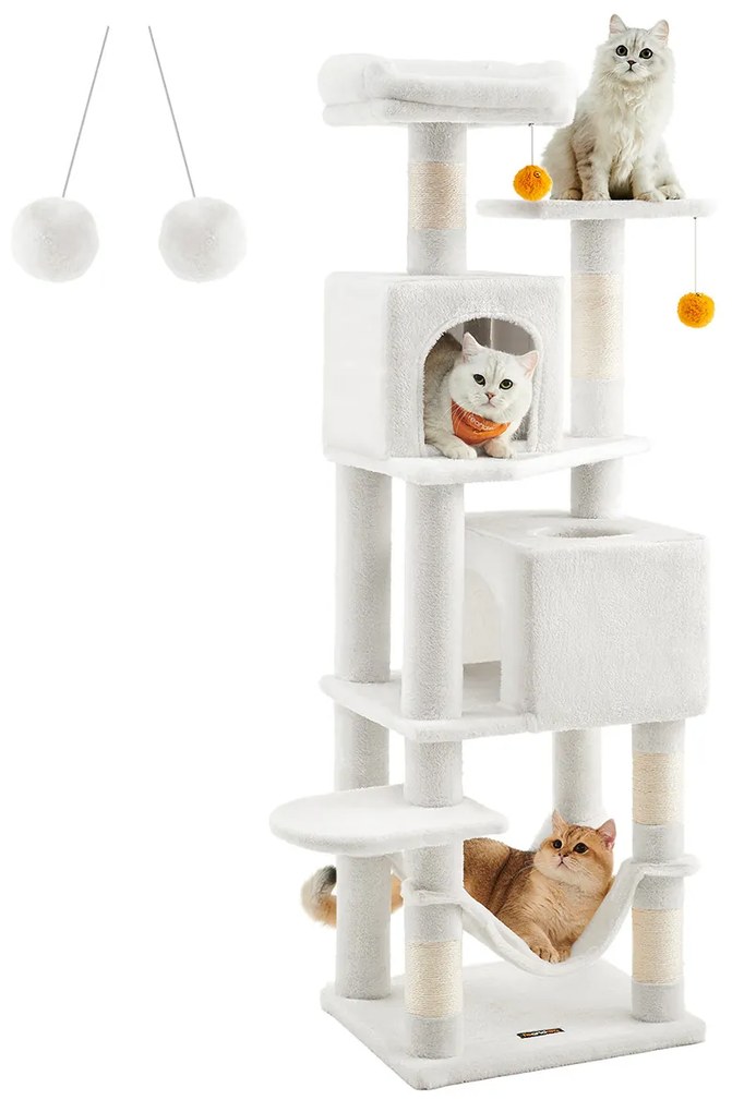 Arranhador para gatos com 2 plataformas e 2 cavernas 49 x 40 x 155 cm Branco creme