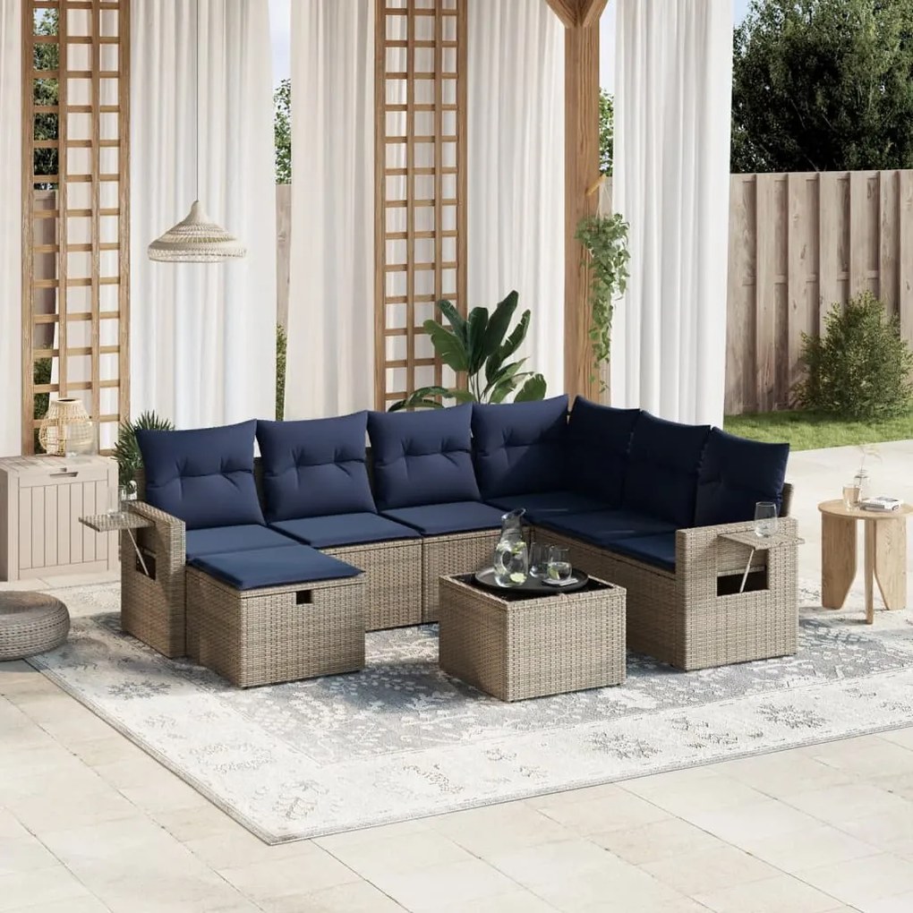 vidaXL 8 pcs conjunto sofás p/ jardim c/ almofadões vime PE cinzento