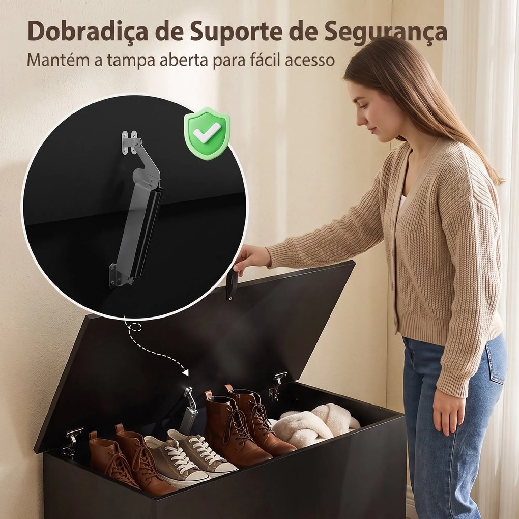 Baú de Arrumação 102L com Dobradiça de Segurança, Estilo Moderno, para Corredor, Quarto e Sala de Estar, 80x40x45 cm, Preto