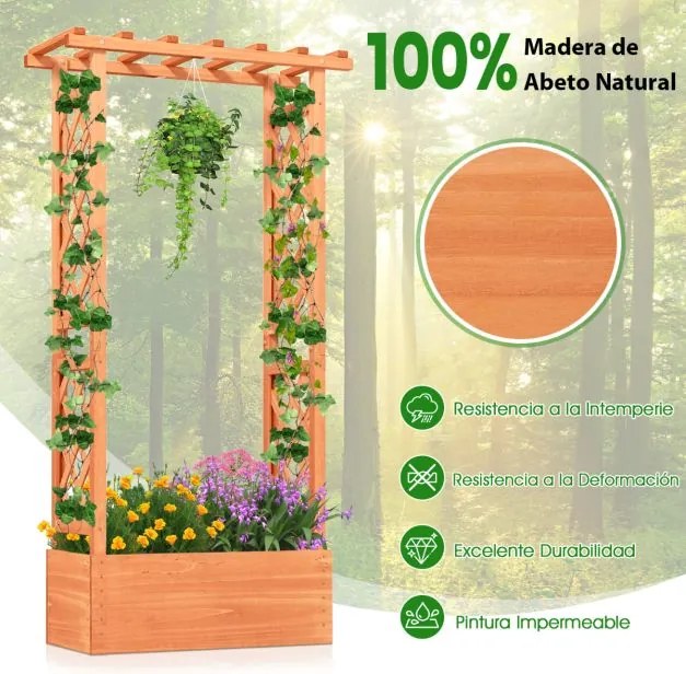 Floreira de jardim elevada com treliça de madeira 66 x 32 x 152 cm com teto para pendurar; Orifícios de drenagem para plantas trepadeiras Laranja